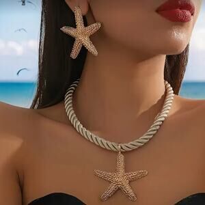 Starfish Necklace Women's Earrings Set Gold Nautical Cruise Ocean Vibes Beach